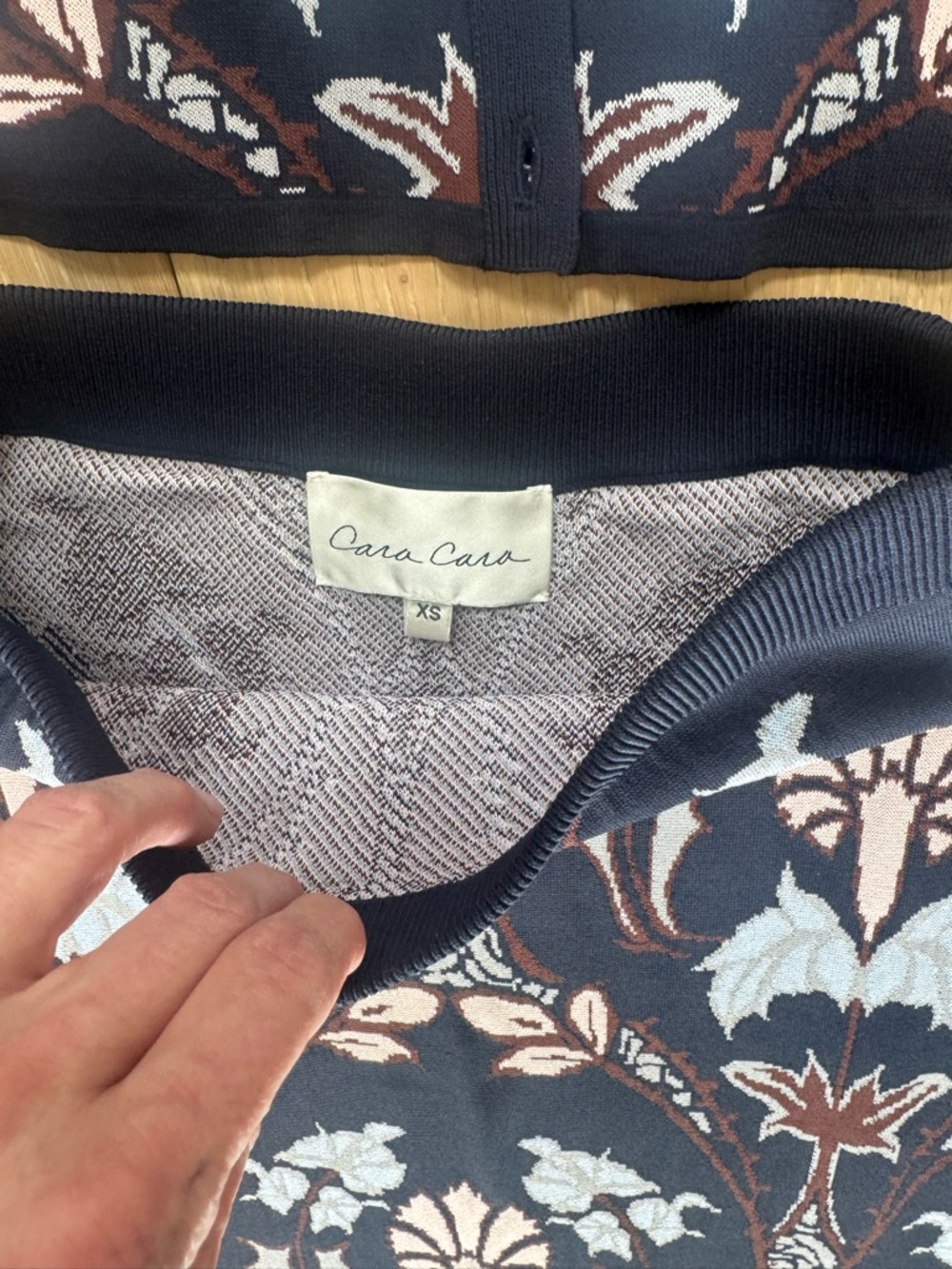 Cara Cara Two Piece Navy and White Floral Long-Sleeve Cardigan and Skirt - Picture 6 of 7